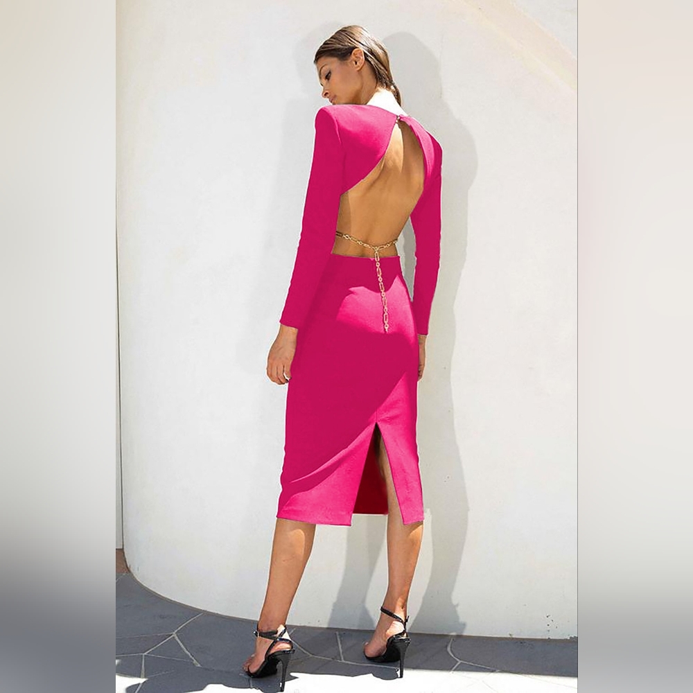 Pink backless long sleeves bandage dress